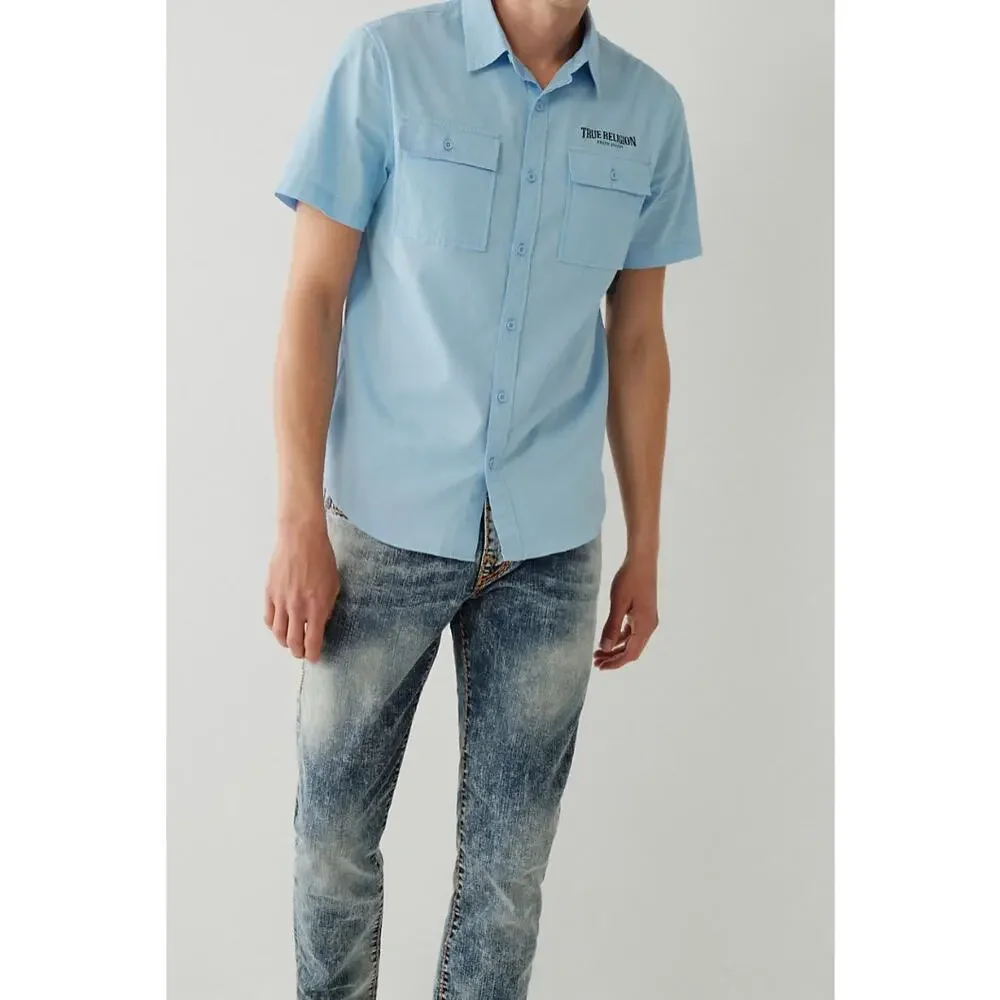 True Religion Utility Button Down Short Sleeve Shirt Light Blue M